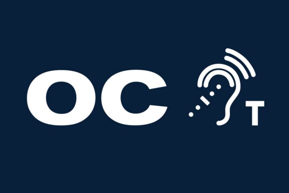 The image shows the letters "OC" and a stylized ear with sound waves, followed by the letter "T" on a dark blue background.