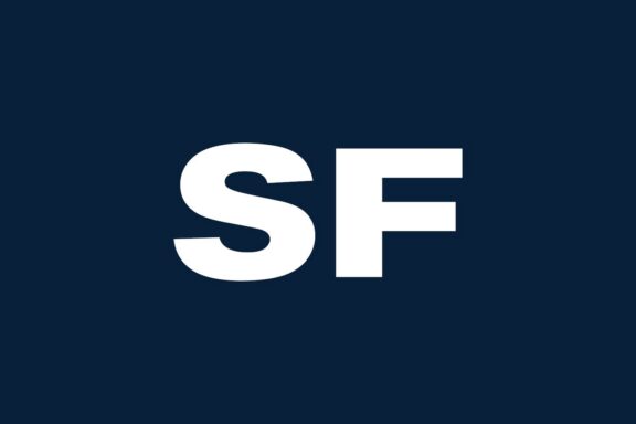 White capital letters "SF" centered on a dark blue background.