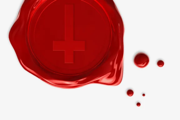 Red wax seal with an embossed inverted cross, accompanied by three drops of red wax, on a white background.