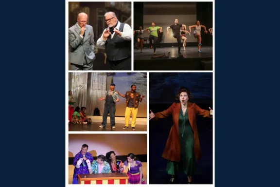 A collage of five stage performance photos featuring actors in various costumes, singing, acting, and dancing under theatrical lighting.