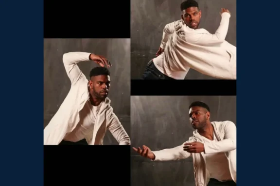 A man wearing a white shirt strikes three different expressive dance poses against a plain dark background.
