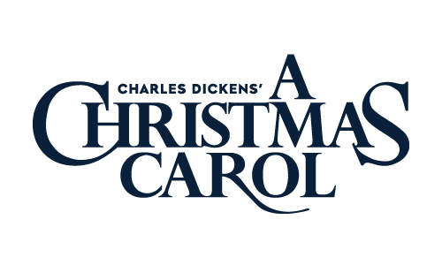 The image shows the title "Charles Dickens' A Christmas Carol" in bold, dark blue capital letters on a black background.