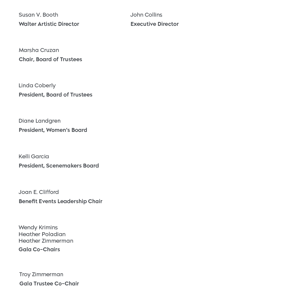 A list of names and titles for various board members and chairs, arranged in two columns on a black background.