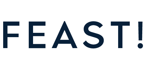 The word "FEAST!" is written in large, bold, dark blue capital letters on a plain background.