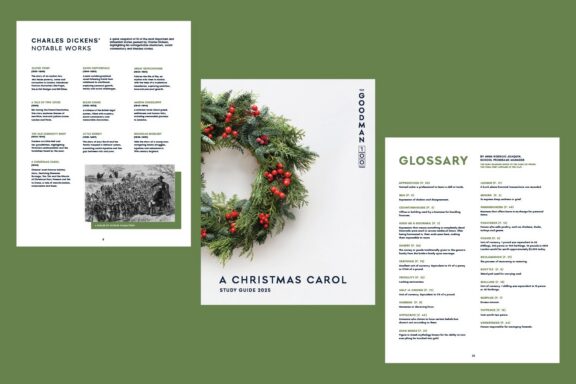 Three pages from a study guide on "A Christmas Carol," featuring Dickens's works, a glossary, and a cover with a holiday wreath.