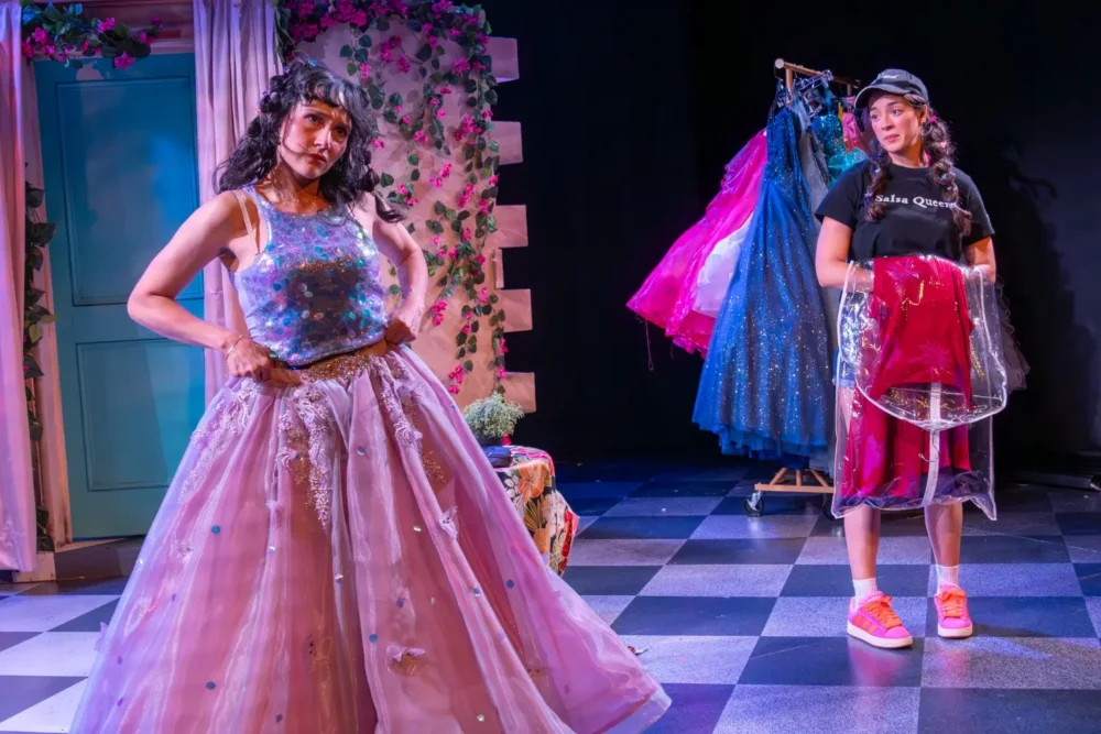 Two women stand in a colorful dressing room; one poses in a sparkly pink gown, while the other holds a dress in a clear garment bag. Various dresses hang on a rack in the background.