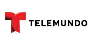 Telemundo logo with a red stylized "T" symbol on the left and the word "TELEMUNDO" in bold black letters on the right against a white background.