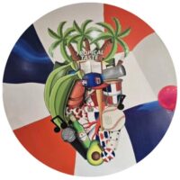 A circular collage featuring sports equipment, palm trees, bananas, music symbols, and Dominican Republic flags, with the text "Tropical Taste" at the center.