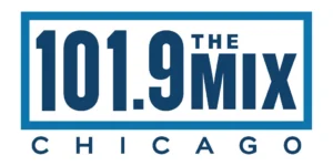 Logo for radio station 101.9 The Mix Chicago in bold blue text, enclosed in a rectangle with “Chicago” written below.
