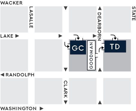 Simple map showing the locations of GC and TD buildings on Dearborn Street between Lake and Randolph, with surrounding streets labeled.