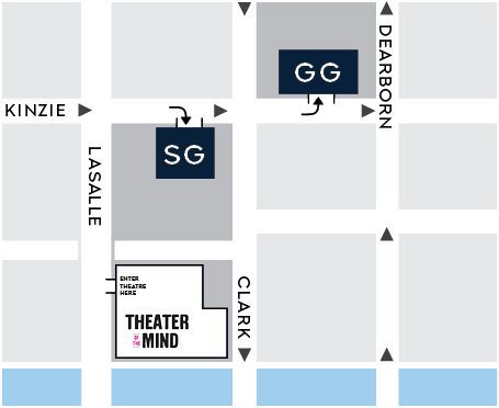 A simple map showing Theater of the Mind near Clark and Kinzie, with nearby parking garages labeled SG on Lasalle and GG on Dearborn.