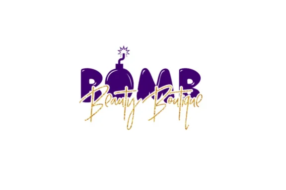 Logo with the words "Bomb Beauty Boutique," featuring a stylized bomb icon above the letter "O" in "Bomb." The text is in purple and gold on a white background.