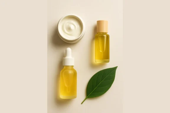 A jar of white cream, two glass dropper bottles with yellow liquid, and a green leaf arranged on a light beige surface.