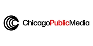 Chicago Public Media logo with a black circular design on the left and the words "Chicago Public Media," with "Public" in red and the rest in black, on a white background.