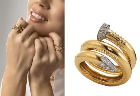 A woman wearing gold and diamond rings on her fingers; close-up view of the same gold rings with diamond accents shown separately on the right.