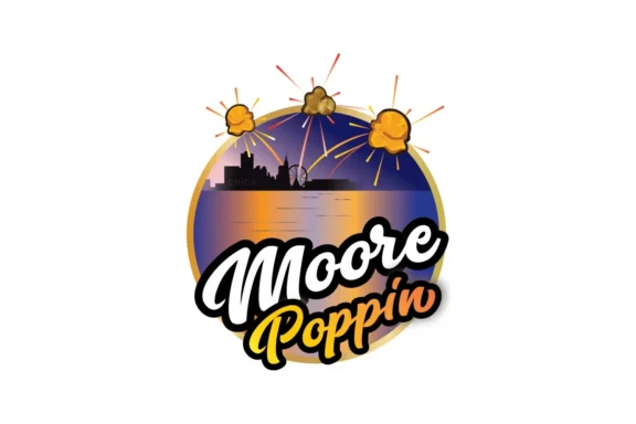 Logo with the words "Moore Poppin" over a city skyline at sunset, with three pieces of popcorn and rays above the scene.