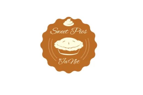 Round brown logo with a pie illustration, the words "Sweet Pies" above the pie, and "by JaNet" below, with a dollop of whipped cream at the top.