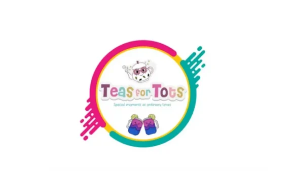 The “Teas for Tots” logo features a teapot, colorful text, two mugs, and a circular border with pink, yellow, and teal accents.