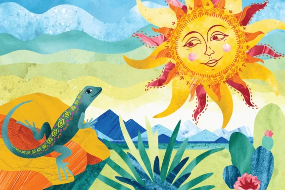 Colorful illustration of a lizard on a rock looking at a smiling sun with a face, set in a vibrant desert landscape with mountains, plants, and cacti.