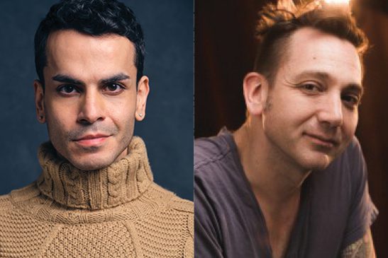 Two men are shown side by side; the man on the left wears a tan turtleneck sweater, while the man on the right wears a casual V-neck shirt.