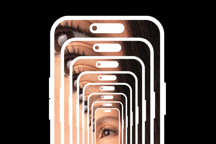 A series of overlapping smartphone outlines frames a close-up of a person's eye, creating a tunnel effect against a black background.