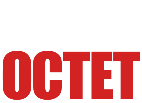 Text graphic with white and gray background reads: "The Goodman presents Raven Theatre's production of Dave Malloy's OCTET," with "OCTET" in large red letters.