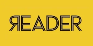 The word "READER" is displayed in bold, black, art deco-style capital letters on a solid yellow background.