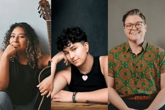Three people pose for portraits: one with long curly hair holding a guitar, one with short dark hair wearing a heart necklace, and one with short hair and glasses wearing a patterned shirt.
