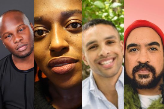 A composite image showing four people, each in a close-up portrait against different backgrounds.