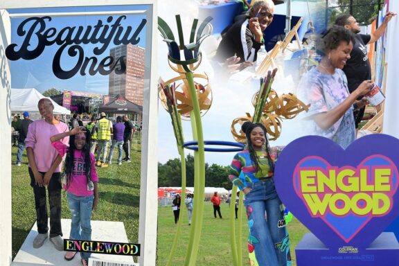 Collage of people at an outdoor Englewood event, featuring smiling individuals, art activities, and a heart-shaped Englewood sign.