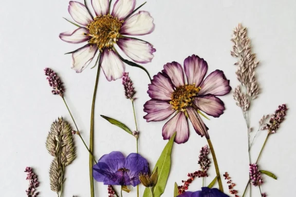 Pressed flowers and grasses, including purple and white blossoms, are arranged upright on a white background.