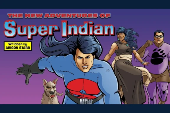 Comic book cover titled "The New Adventures of Super Indian," featuring three characters and a dog in dynamic poses, with bright, bold colors and stylized fonts.