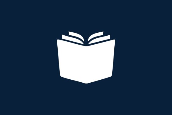 White open book icon on a dark blue background.