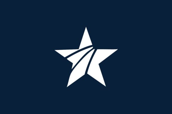 White five-pointed star with three diagonal lines cut through the center on a dark blue background.