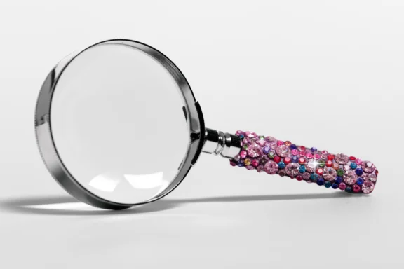 A magnifying glass with a colorful handle decorated with pink, red, and purple rhinestones rests on a white surface.