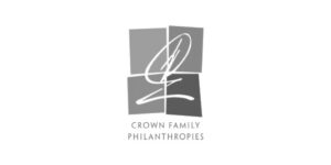Gray logo with four square panels, a white abstract signature in the center, and the text “Crown Family Philanthropies” below.