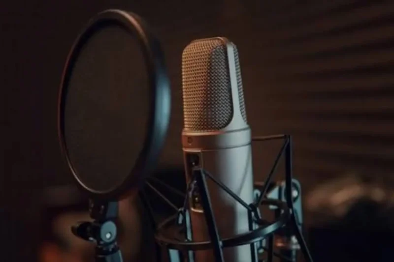 A large-diaphragm microphone with a pop filter is set up in a recording booth with dark, soundproofed walls in the background.