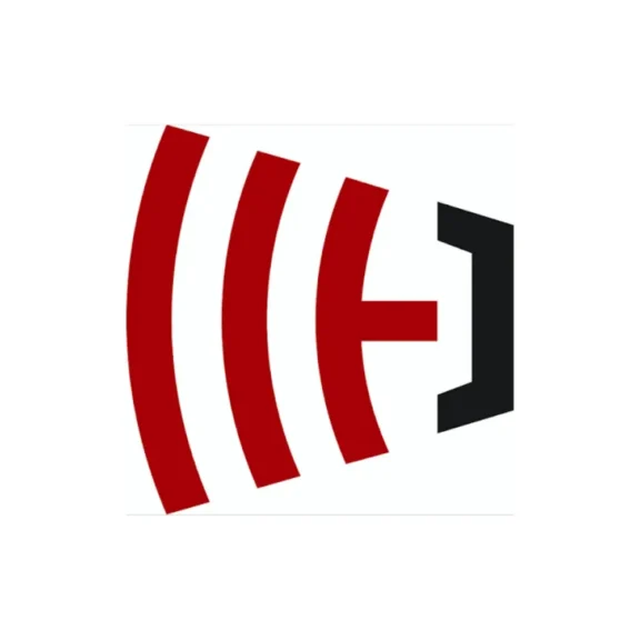 A logo with three curved red lines on the left and a black bracket and vertical bar forming a stylized “H” on the right, all on a white background.