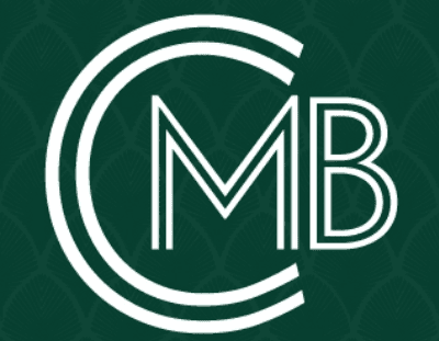 White outline logo featuring the letters CMB on a dark green background.
