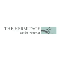 Logo reads “THE HERMITAGE artist retreat” with a light green rectangle on the right featuring an abstract wave and dot design.