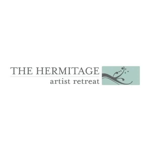 Logo reads “THE HERMITAGE artist retreat” with a light green rectangle on the right featuring an abstract wave and dot design.