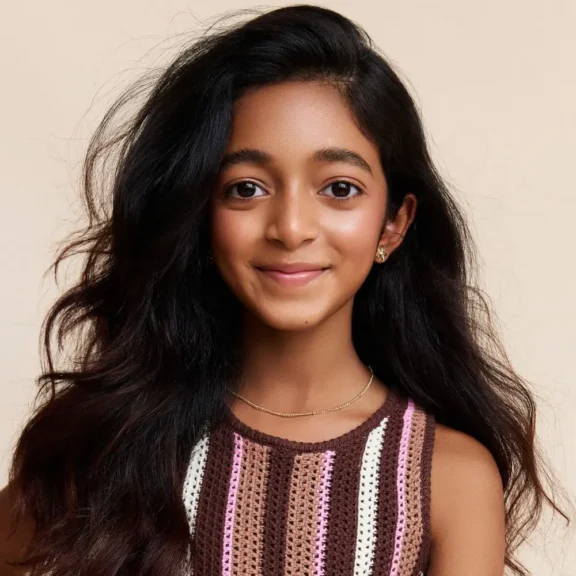 A young girl with long dark hair wearing a striped knit top.