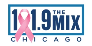 Logo for 101.9 The Mix Chicago, with the number one replaced by a pink awareness ribbon.