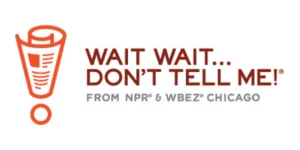 Logo for the radio show Wait Wait... Don’t Tell Me! featuring an icon of a rolled-up newspaper forming an exclamation point.